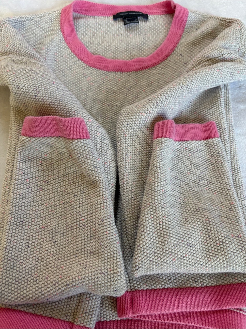 French Connection Wheat Beige Crewneck Sweater with Pink Trim XL